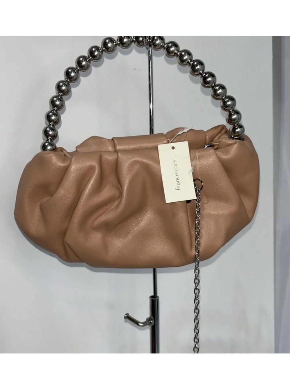 Francesca's Collections Tan Ruched Mini Bag with Beaded Handle new